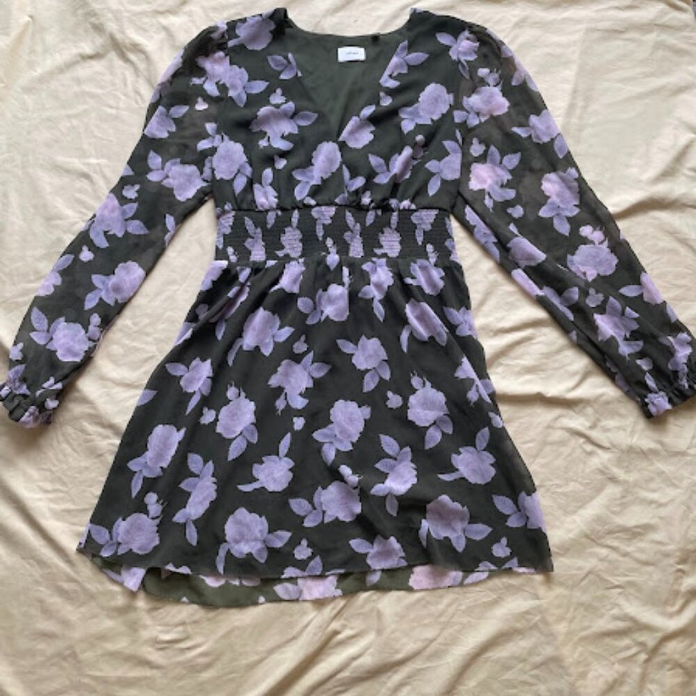 Wilfred | Black & Lavender Floral Long Sleeve Mini Dress | Size M